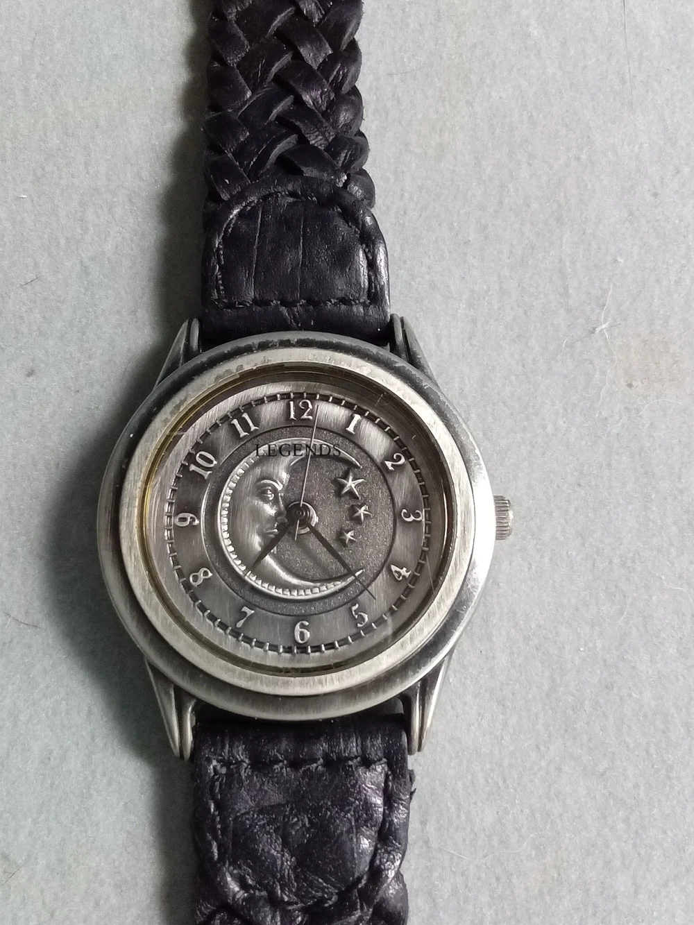Legends Celestial Moon Face‎ Watch Silver Tone Braided Leather Strap 84-315